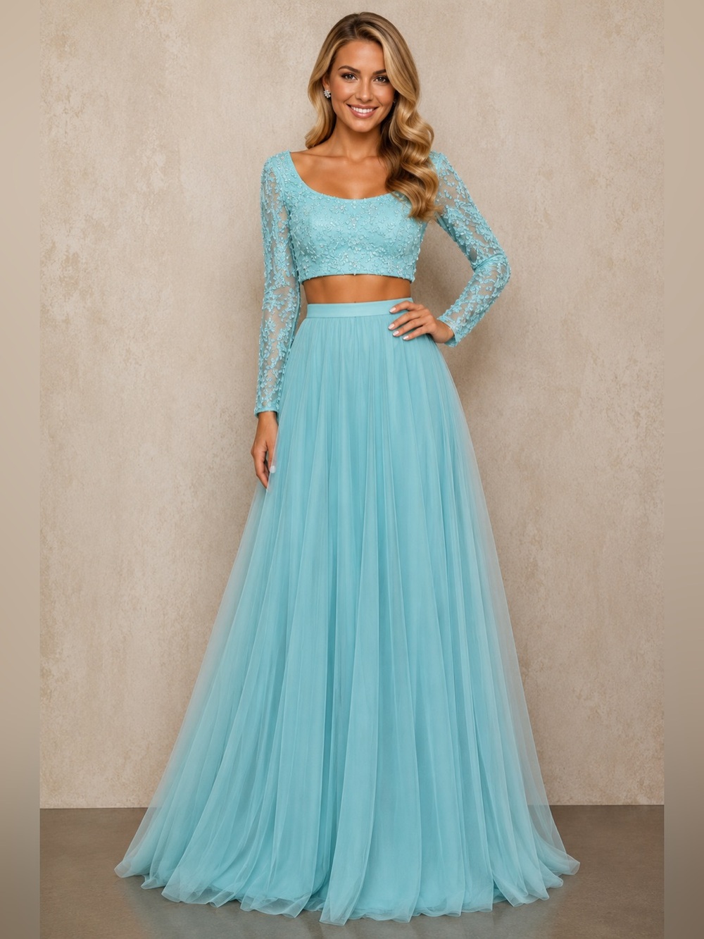 NWT, Size 4, Sherri Hill Teal Two-Piece Long Sleeve Lace & Tulle Formal Gown